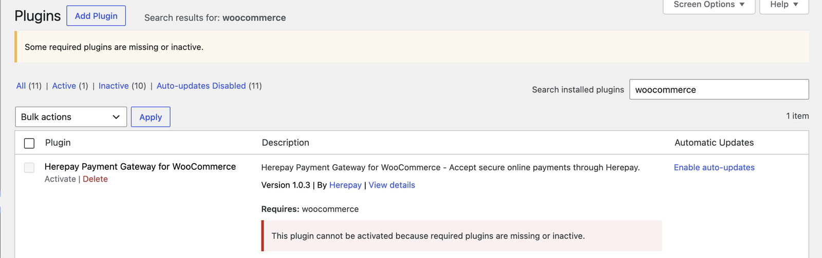Herepay cannot be activated without WooCommerce