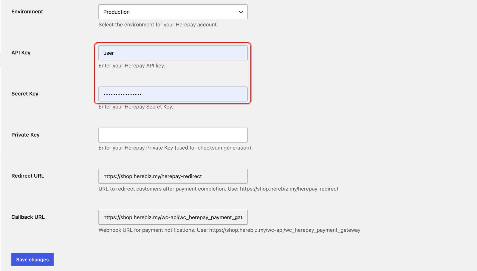 Herepay settings page