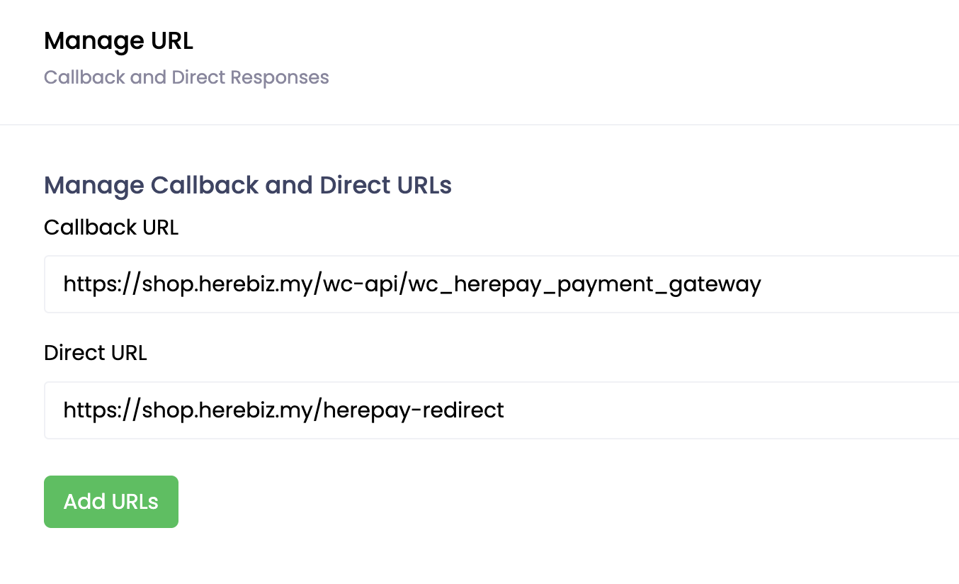 Herepay dashboard Manage URL