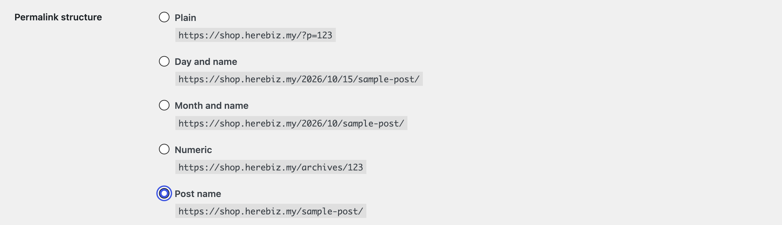 Permalink settings with Post name selected