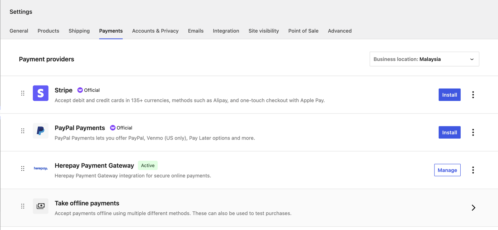 Herepay active in WooCommerce payment providers