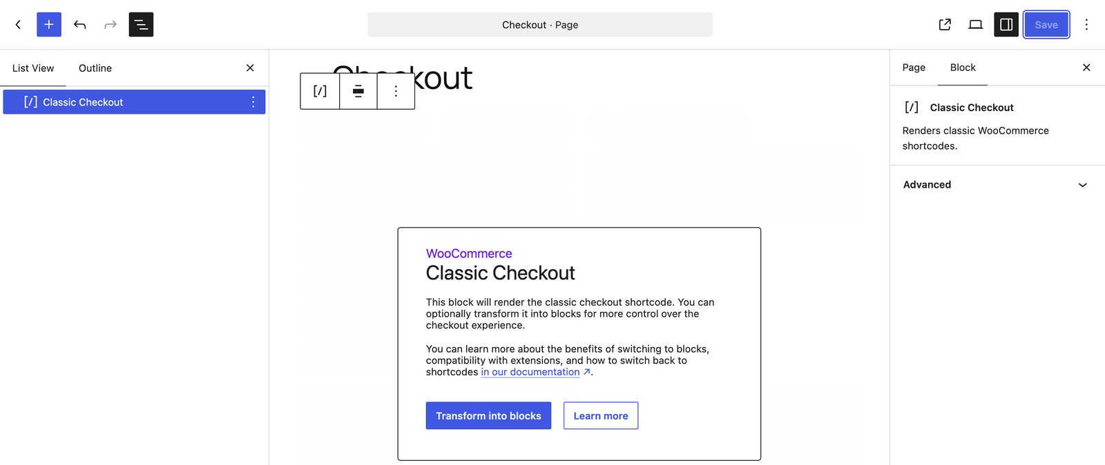 Classic checkout block