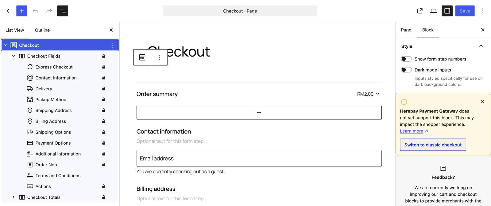 Switch to classic checkout button